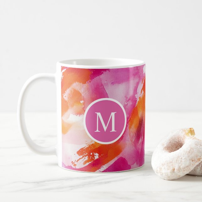 Taza De Café Abstracto Naranja Rosa Acuarela (Con donut)