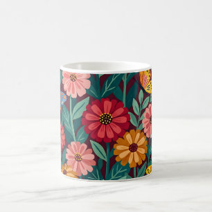 Taza de café abstracto Zinnias Mariposas Jardín