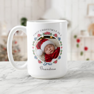 Taza De Café Abuela Folk Nórdico Foto Navidad Azul Roja 1er Nav