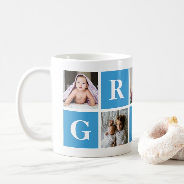 Taza De Café Abuelo Mug Personalizado Collage de fotos Azul (Con donut)