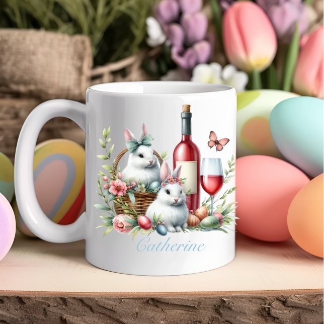 Taza De Café Abundantes y peluches de Pascua (Easter Whimsical Bunnies & Wine Mug)