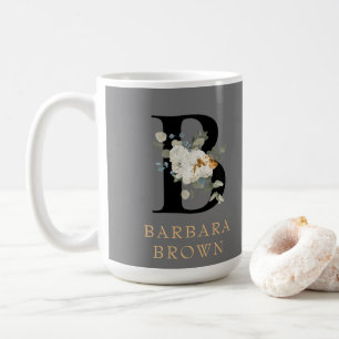 Taza De Café Acentos dorados florales blancos decorativos Monog