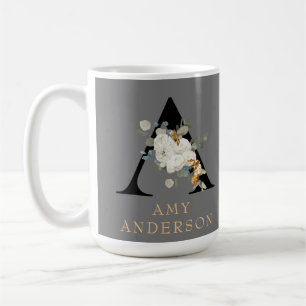 Taza De Café Acentos dorados florales blancos decorativos Monog