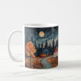 Taza De Café Acogedora Casa de Otoño Caída Nocturno Watercolor 