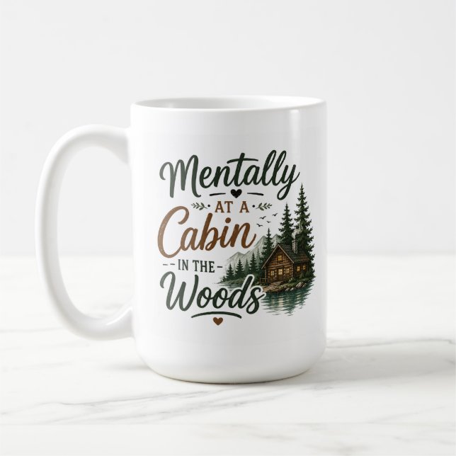 Taza de café acogedora mentalmente en una cabaña e (Izquierda)