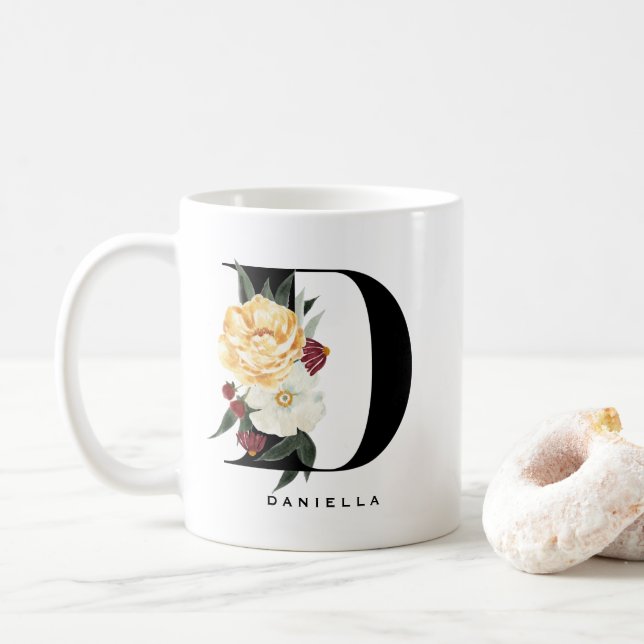 Taza De Café Acuarela Anemona Botánica Letra D Monograma (Con donut)