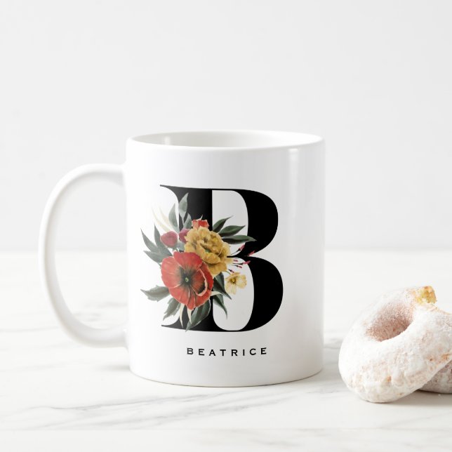Taza De Café Acuarela Anemone Botanica Letra B Monograma (Con donut)