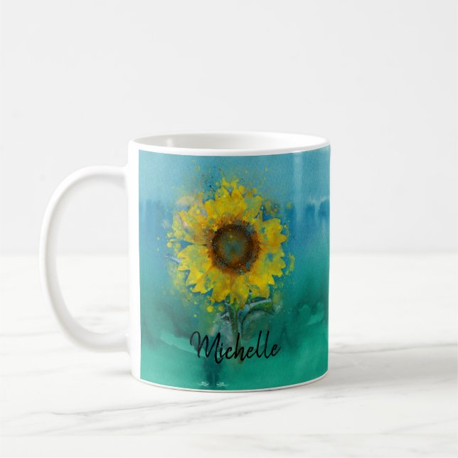 Taza De Café Acuarela azul con el girasol (Izquierda)