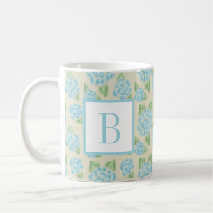 Taza De Café Acuarela Azul Floral Hidrangea Monograma Inicial