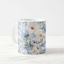 Taza De Café Acuarela Azul Polvoriento Flores Marfil Hojas Rúst
