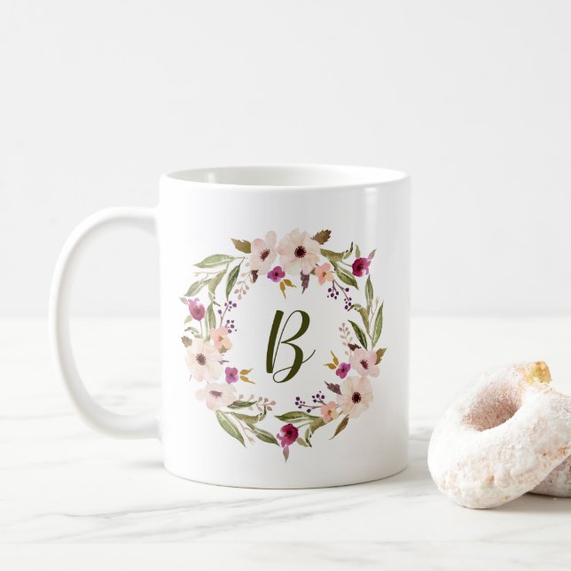 Taza De Café Acuarela Bohemio Floral Monograma Mug (Con donut)