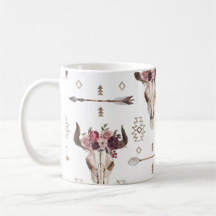 Taza De Café acuarela Boho: flechas, patrón de cráneo.