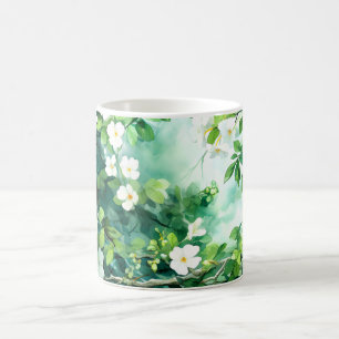 Taza De Café Acuarela Botánica Flores Blancas Hojas Verdes