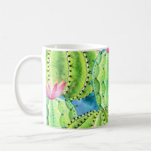 Taza De Café Acuarela Cacti: Ornamento de verano floral.