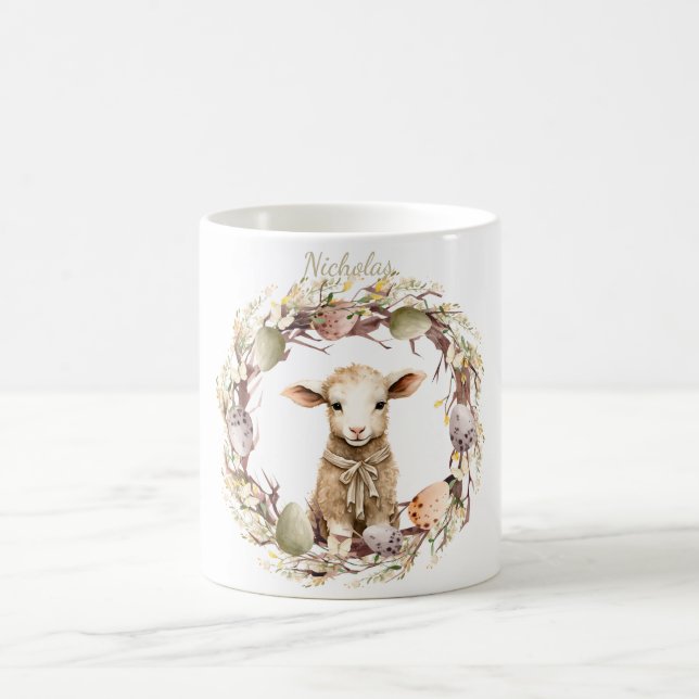 Taza De Café Acuarela Cordero de Pascua Personalizada (Centro)