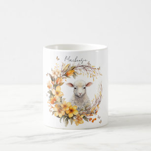 Taza De Café Acuarela Cordero de Pascua Personalizada