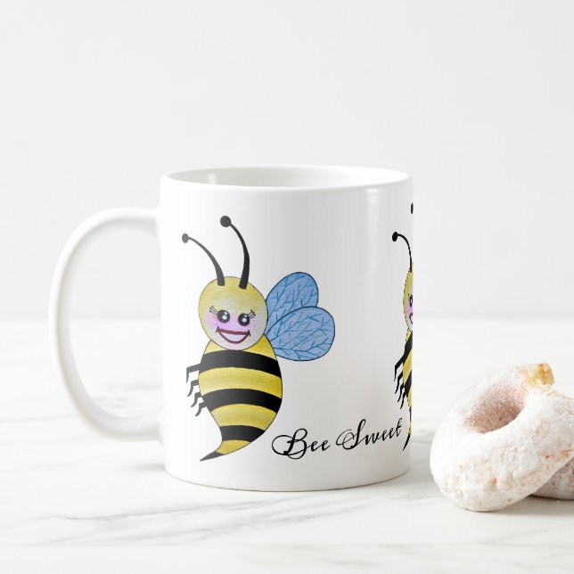 Taza De Café Acuarela Cuida Abeja De Miel Con Sonrisa Feliz (Con donut)
