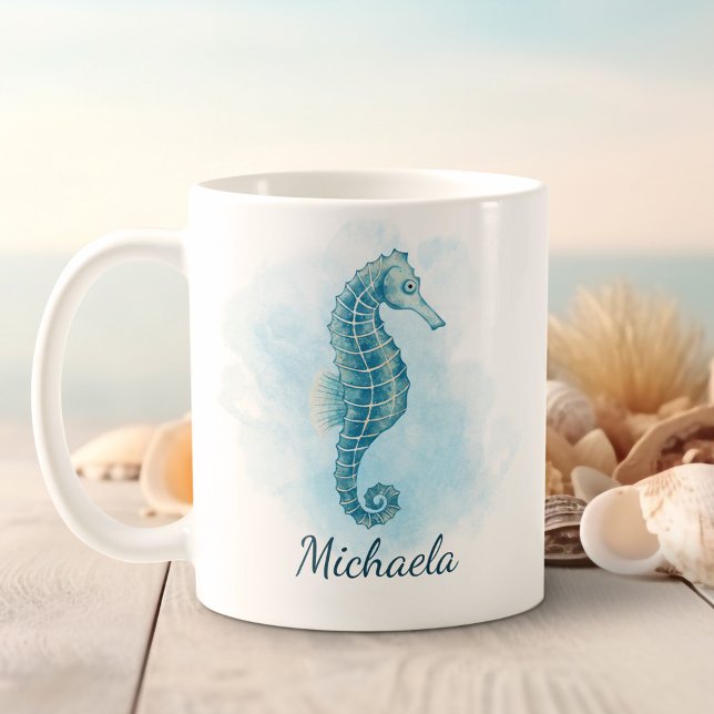 Taza De Café Acuarela de caballito de mar Aqua Blue Coastal (Subido por el creador)