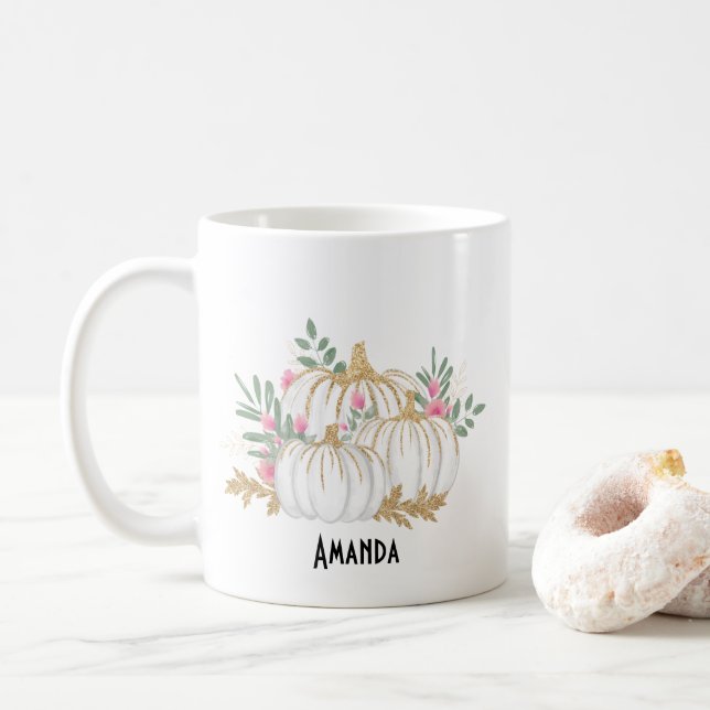 Taza De Café Acuarela de calabazas blancas y doradas (Con donut)