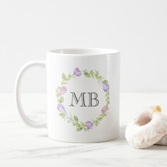 Taza De Café Acuarela de flores Monograma mugre (Con donut)