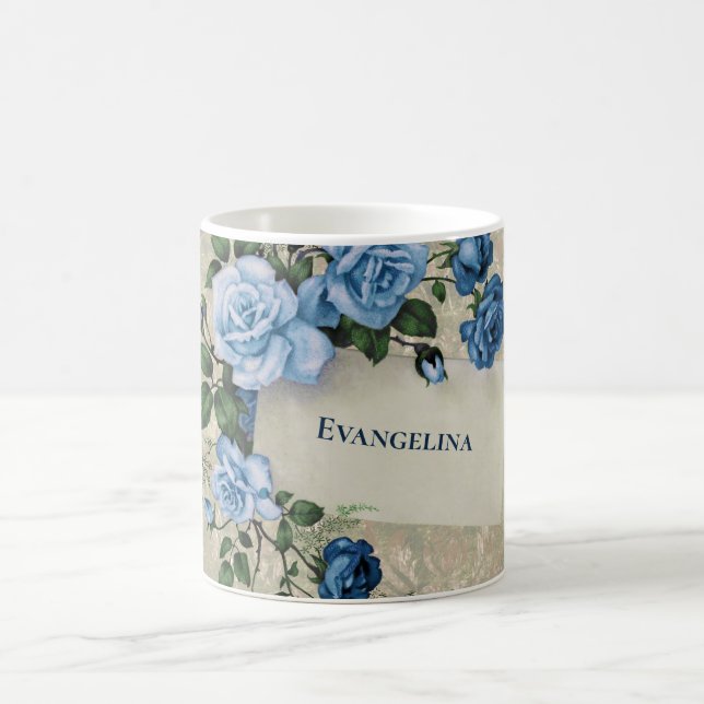 Taza De Café Acuarela De Moda De Rosas Azules Boho (Centro)