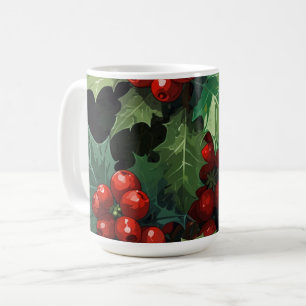 Taza De Café Acuarela de Navidad hojas de bayas de acebo botáni