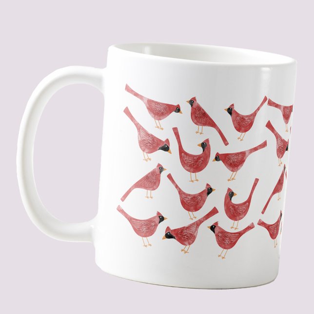 Taza De Café Acuarela de pájaro cardinal festivo (Festive Cardinal bird red and white watercolor art coffee mug for Christmas and the winter Holidays)