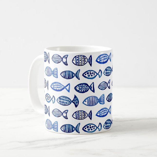 Taza De Café Acuarela de peces azules. Náutica naval. Moderno (Anverso izquierdo)