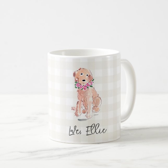 Taza De Café Acuarela De Perro Amor, Nombre Gingham Sweet (Anverso derecho)