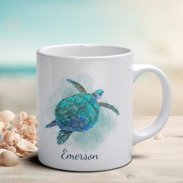 Taza De Café Acuarela de tortuga marina Aqua Blue Personalizada