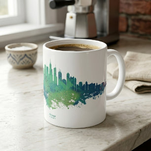 Taza De Café Acuarela del horizonte de Chicago azul verde arte 