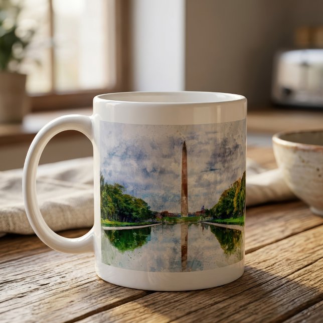 Taza De Café Acuarela del Monumento a Washington con reflejo (Washington Monument Watercolor with Reflection. Coffee Mug)