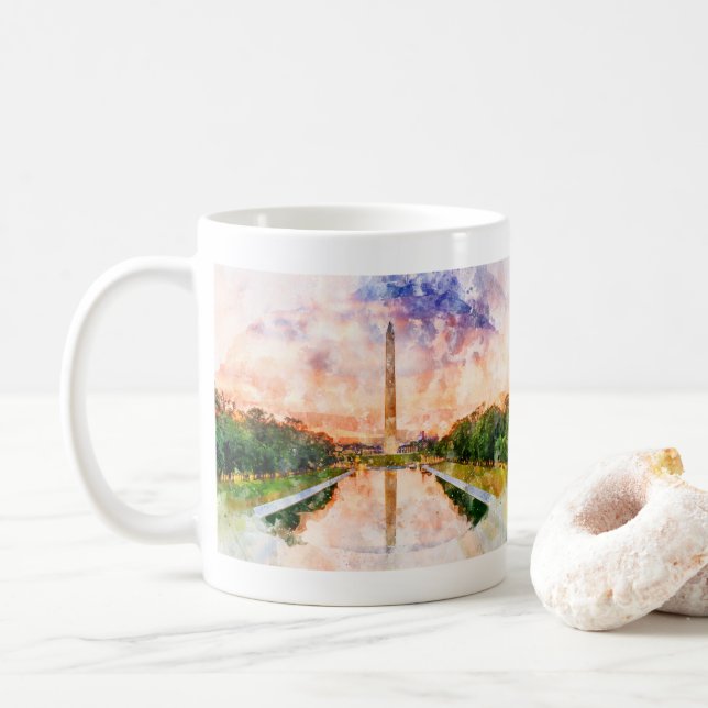 Taza De Café acuarela del Monumento de Washington al atardecer (Con donut)