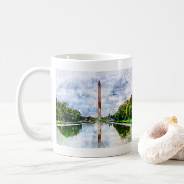 Taza De Café acuarela del Monumento de Washington con reflexión (Con donut)