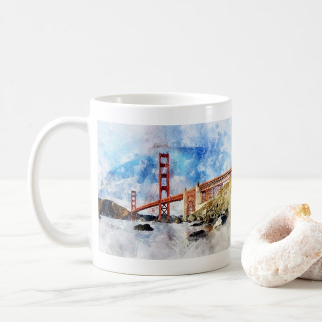 Taza De Café acuarela del puente Golden Gate en San Francisco (Con donut)