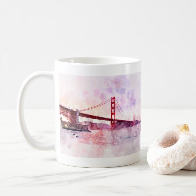 Taza De Café acuarela del puente Golden Gate en San Francisco (Con donut)