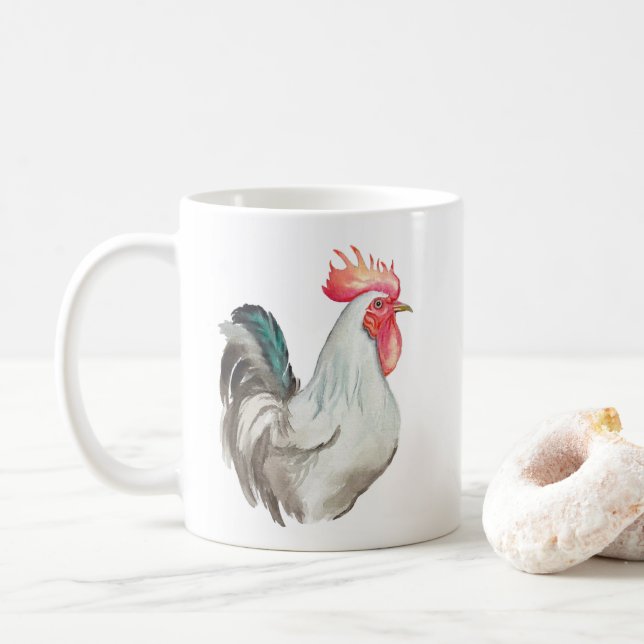 Taza De Café Acuarela dibujada a mano de un Gallo (Con donut)