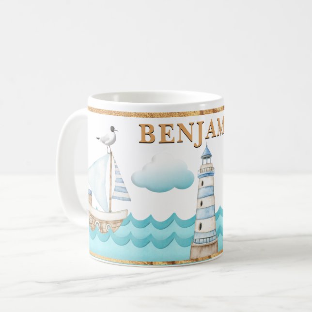 Taza De Café Acuarela Faro Náutico Barcos de vela Mug (Anverso izquierdo)