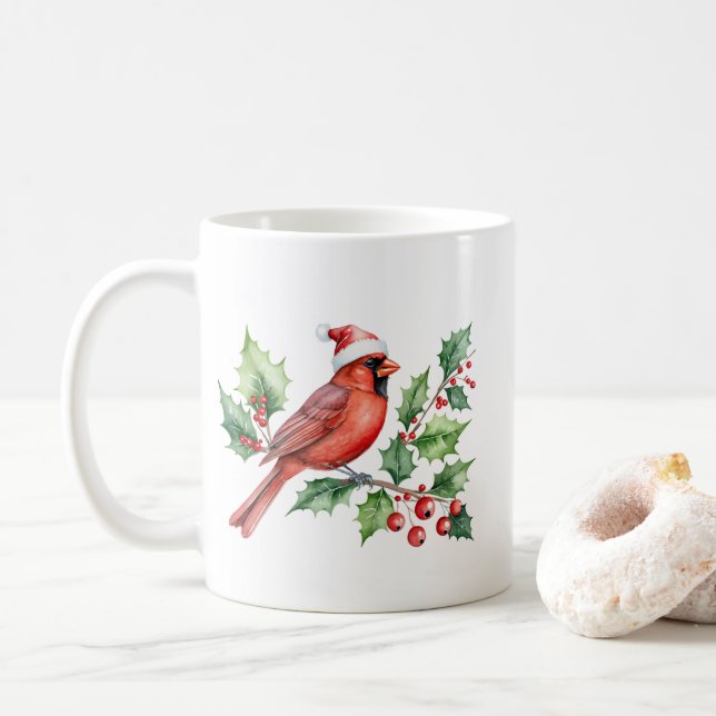 Taza De Café Acuarela Feliz Navidad Cardenal Rojo y Berries (Con donut)