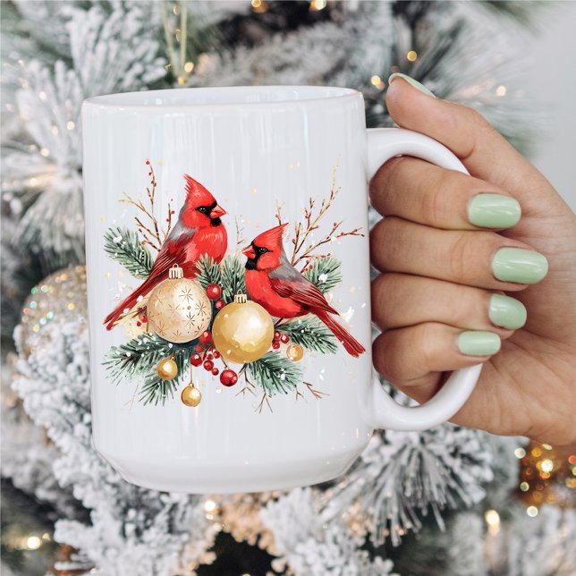Taza De Café Acuarela Feliz Navidad Cardenal Rojo y Berries (Subido por el creador)