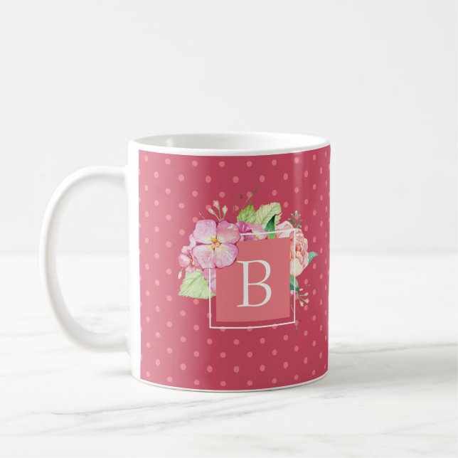 Taza De Café Acuarela Femenina Floral Monograma Rosa Inicial (Izquierda)