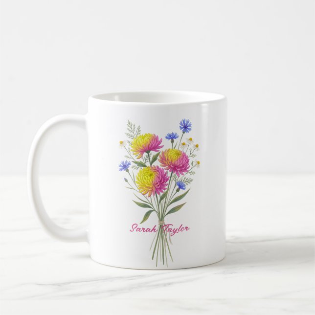 Taza De Café Acuarela Flor de Cumpleaños Crisantemo Personaliza (Izquierda)