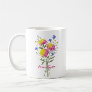 Taza De Café Acuarela Flor de Nacimiento Crisantemo Personaliza