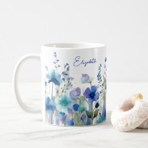 Taza De Café Acuarela Flor Silvestre Azul Nombre Personalizado