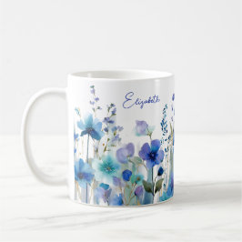 Taza De Café Acuarela Flor Silvestre Azul Nombre Personalizado