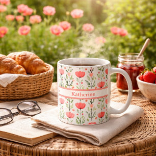 Taza De Café Acuarela Floral Amapola Rosa Coral