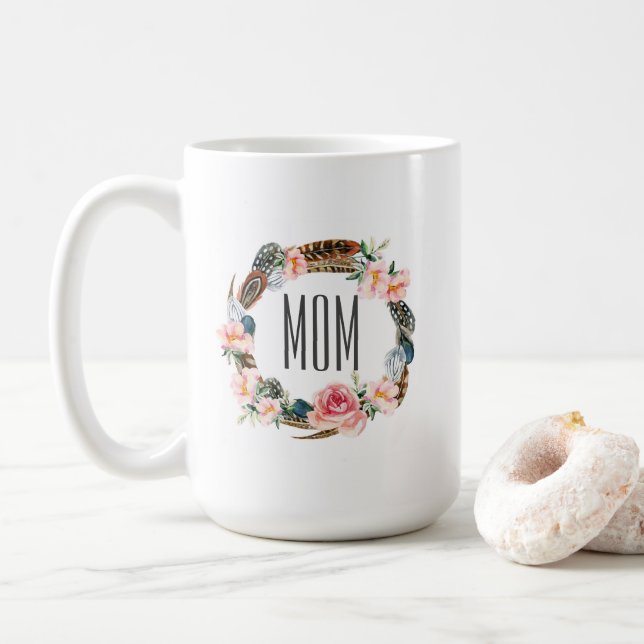Taza De Café Acuarela floral con el día de madre de las plumas (Con donut)