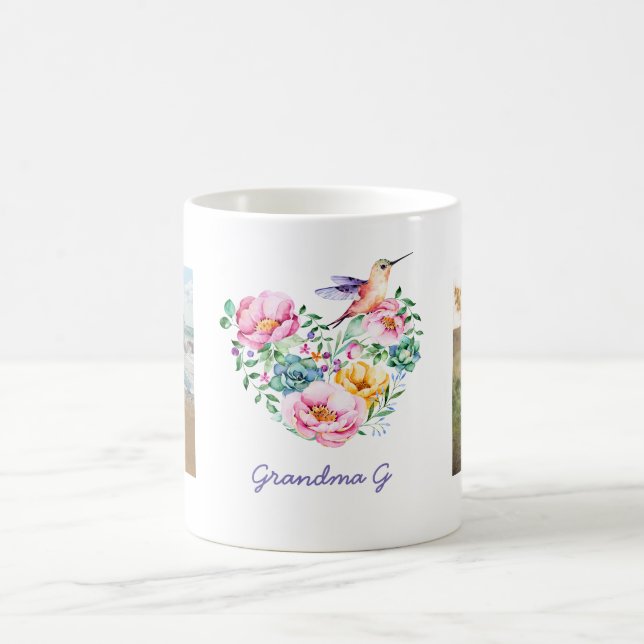 Taza De Café Acuarela Floral Corazón de Hummingbird Foto Regalo (Centro)