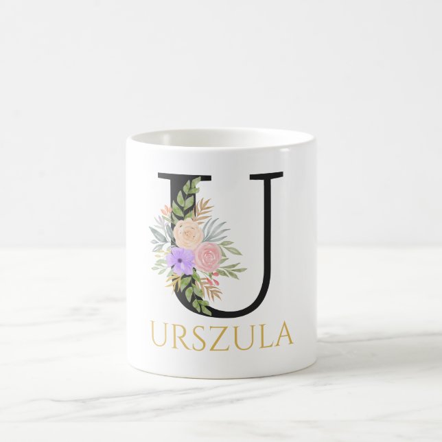 Taza De Café Acuarela Floral Monograma café Mug (Centro)