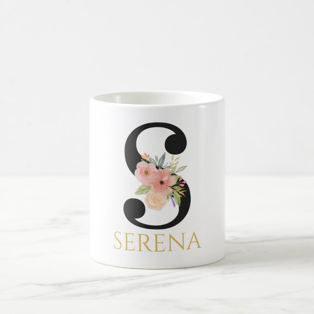 Taza De Café Acuarela Floral Monograma café Mug (Centro)